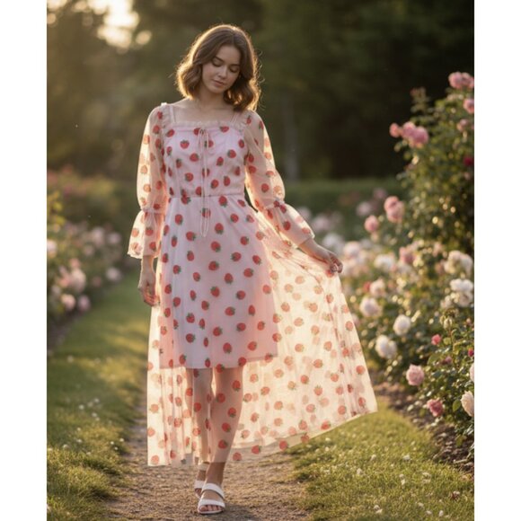MASKED QUEEN COTTAGECORE Strawberry Tulle Midi Dress Coquette Whimsy Retro NWT - Picture 1 of 16